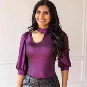 New - Grace & Emma Cutout and Puff Sleeve Purple Women's Bodysuit